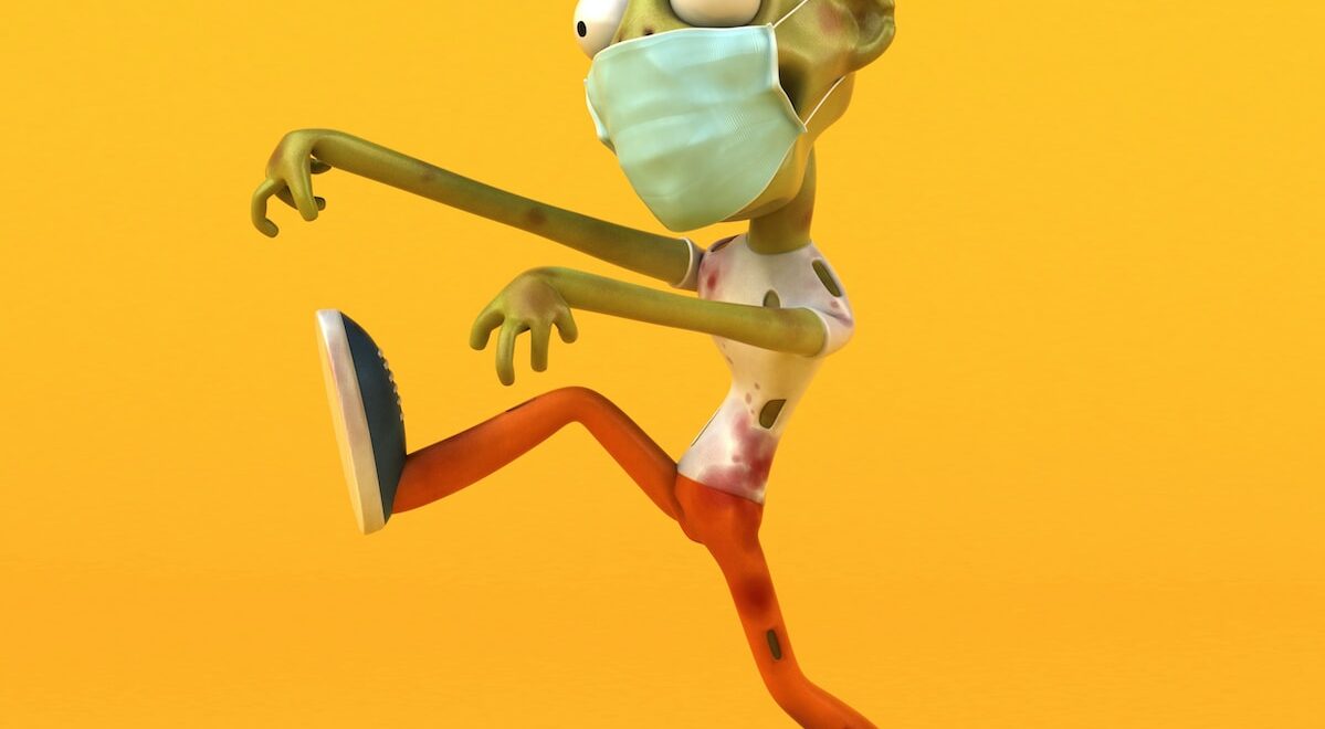 a cartoon character wearing a face mask and running